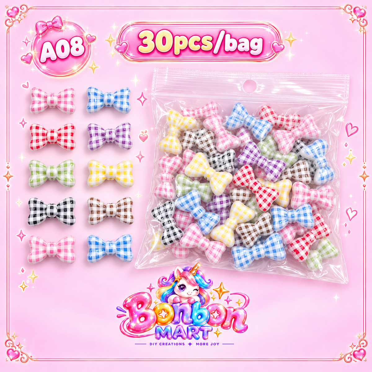 A08 · Gingham Check Bow Bead (30pcs/bag)