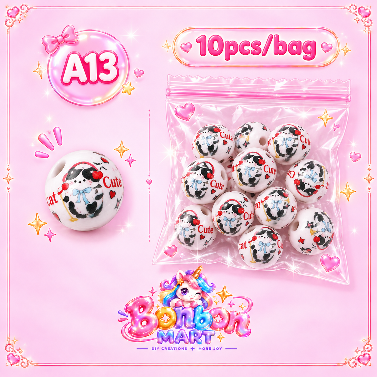 A13 · Cute Cat Print Bead (10pcs/bag)