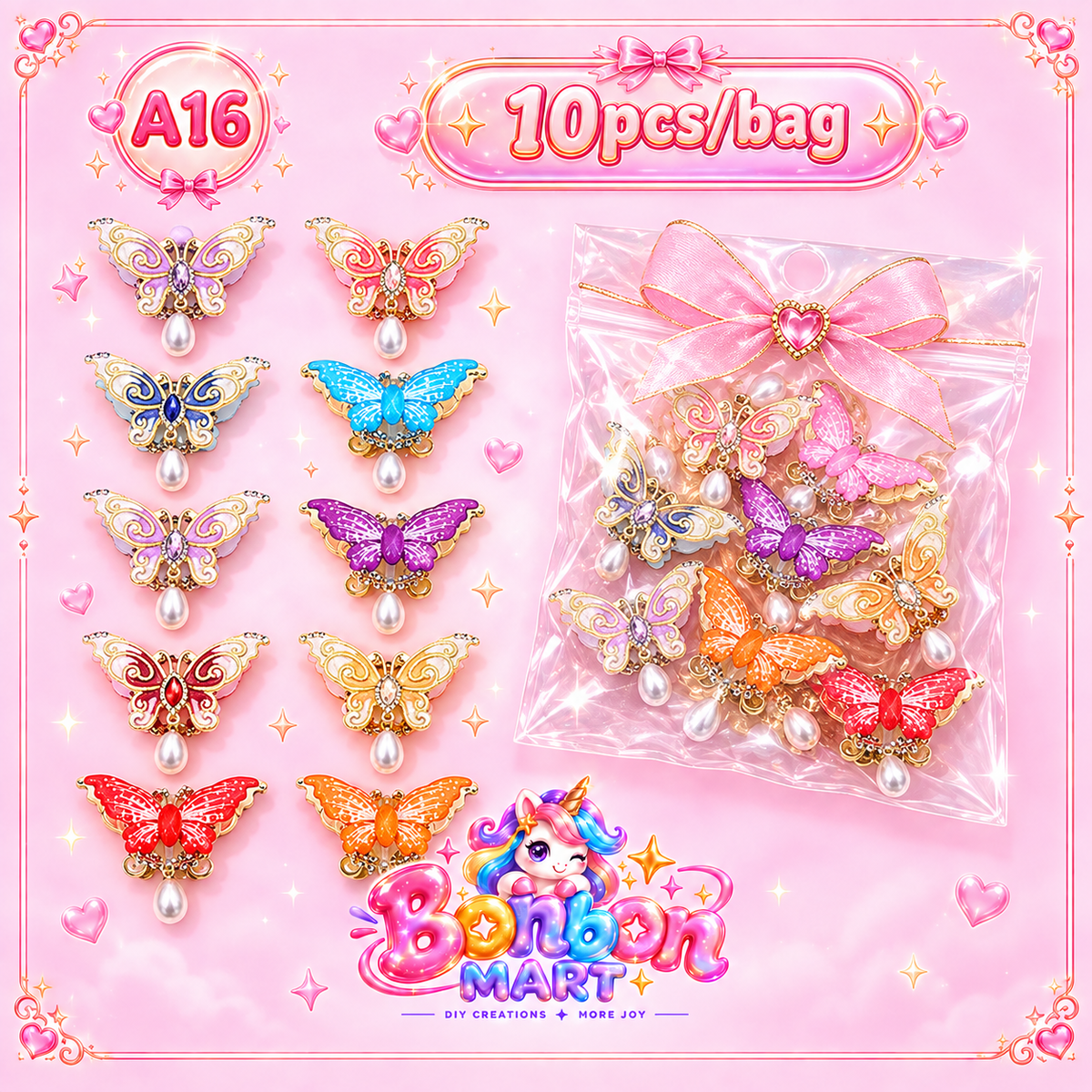 A16 · Rhinestone Butterfly Pendant Bead (10pcs/bag)