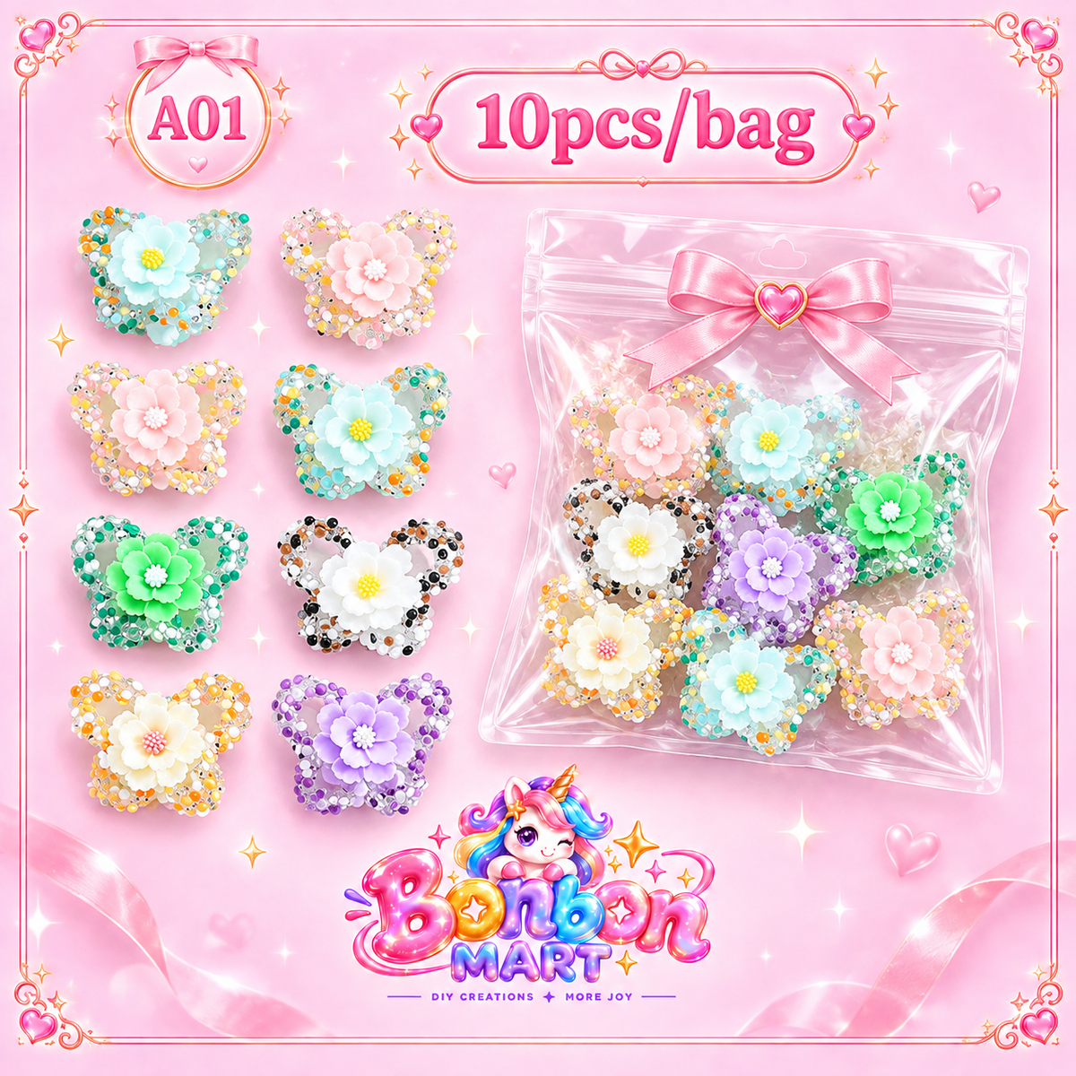 A01 · Crystal Flower Butterfly Bead (10pcs/bag)